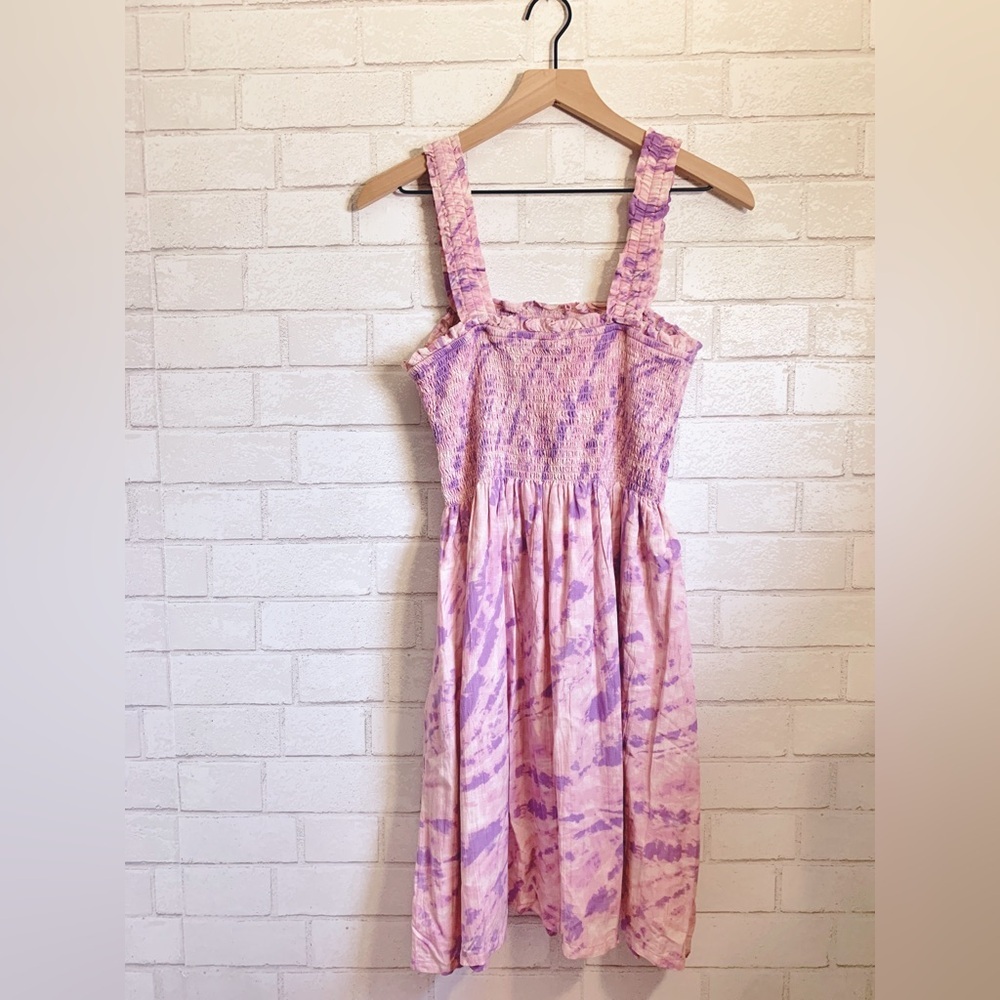 New GAP Pink and Lilac Tie Dye Print Smocked Casual Mini Sun Dress - Picture 4 of 9